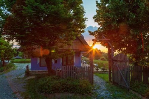 a house with the sun setting behind a fence at Casele cu Stuf B&B Haus Ulrike in Sălicea