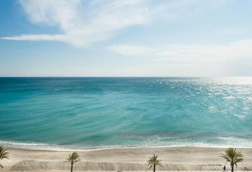 a view of the ocean with palm trees on a beach at Grand Hotel Pietra Ligure in Pietra Ligure