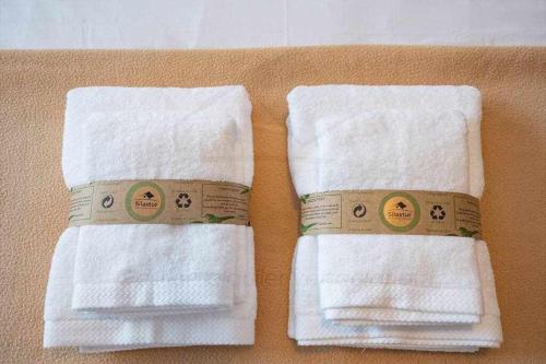 dwa białe ręczniki z tabliczkami cenowymi na nich w obiekcie Piles Garden Apartamento w mieście Gijón
