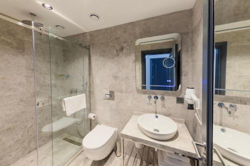 e bagno con servizi igienici, lavandino e doccia. di AHG Atlas Hotel Taksim a Istanbul