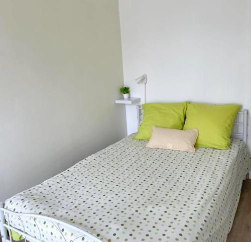 a bed with two lime green pillows on it at Votre chambre chez l'habitant dans la capitale de la Normandie in Rouen