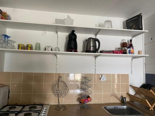 une cuisine avec un évier et des étagères au-dessus d'un comptoir dans l'établissement La P’tite Maison de David, à Saint-Hilaire