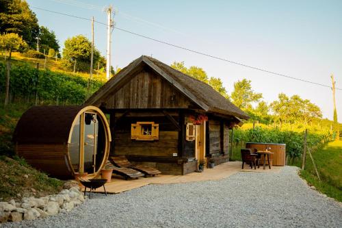 a small cabin with a thatched roof and a patio at Glamping Paradise Škatlar in Otočec