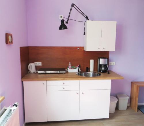 a kitchen with white cabinets and a sink at Die große Wohnung in Droyßig