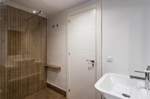 a bathroom with a shower and a sink and a toilet at Sur Suites Los Patios in Fuengirola