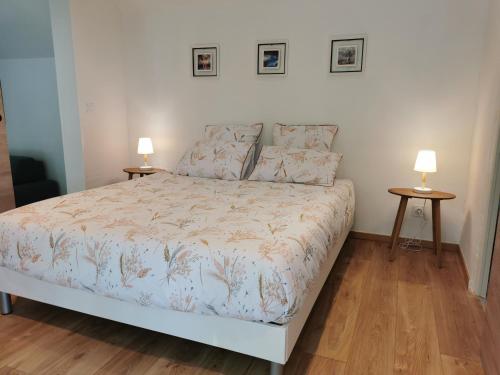 ein Schlafzimmer mit einem Bett mit zwei Tischen und zwei Lampen in der Unterkunft Gîte la Borie du bois Sarlat in Saint-André-dʼAllas