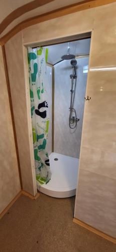 W łazience znajduje się prysznic z zasłoną prysznicową. w obiekcie Altana letnia nr1 - Herbergerówka Agroturystyka na wsi w mieście Duszniki Zdrój
