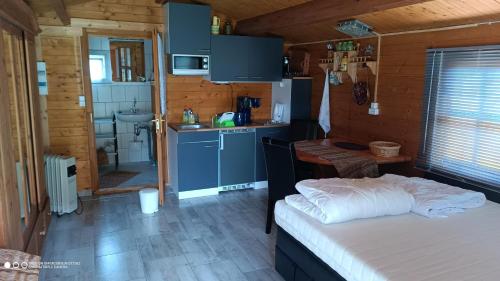 a bedroom with a bed and a kitchen in a cabin at Landurlaub im kleinen Holzhaus in Ulrichshorst