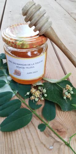 a jar of honey and a wooden spoon next to a plant at Les INSOLITES DE LA TOUCHE in Azay-le-Rideau
