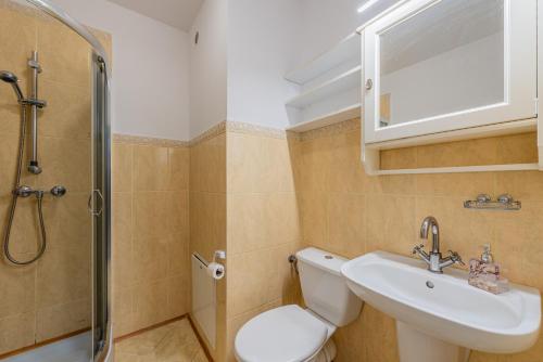 a bathroom with a toilet and a sink and a shower at Apartament z balkonem przy Latarni 150m od morza in Kołobrzeg