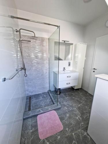 a bathroom with a glass shower and a sink at Villa AISHA with private jacuzzi in Novalja