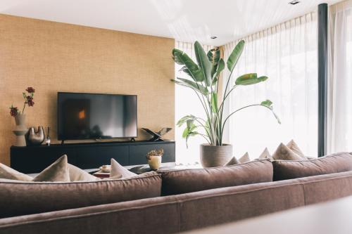 a living room with a couch and a tv at Haven Lake Village in Kortenhoef