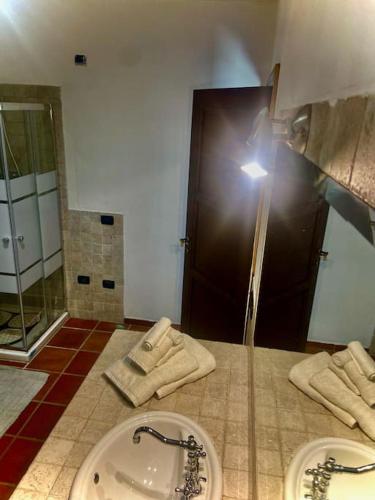 a bathroom with a sink and a shower and a mirror at Camera Villa Sarda Aurora in Elmas