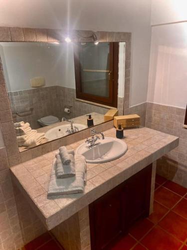 a bathroom with a sink and a large mirror at Camera Villa Sarda Aurora in Elmas