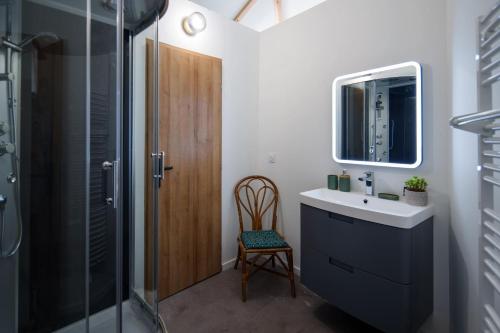 La salle de bains est pourvue d'un lavabo, d'une douche et d'une chaise. dans l'établissement Dôme avec vue sur Loire proche de Chambord, à Saint-Dyé-sur-Loire