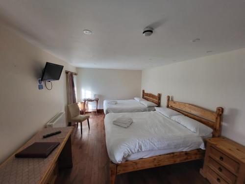 a bedroom with two beds and a desk and a television at Royal Britannia Hotel in Ilfracombe