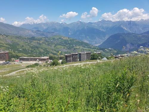 un campo d'erba con le montagne sullo sfondo di Appart Le Corbier avec magnifique vue aérienne a Villarembert