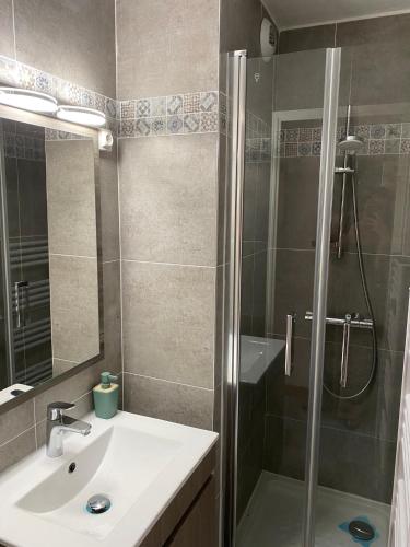 une salle de bain avec une douche et un lavabo et une douche dans l'établissement Appart. F2 apercu Port de Santa Lucia St Raphaël, à Saint-Raphaël