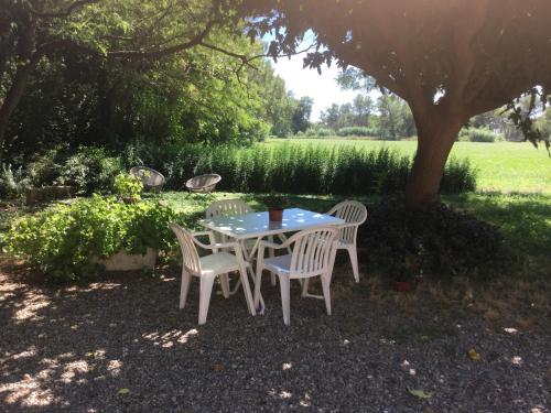 a table and chairs sitting under a tree at Appartement dans un mas provencal in Istres