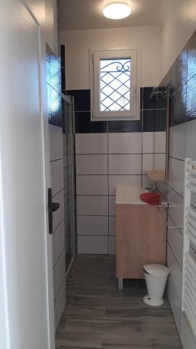 une salle de bain avec toilettes, lavabo et fenêtre dans l'établissement maison 6 personnes a parentis, à Parentis-en-Born