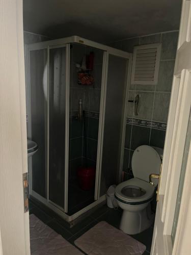 een badkamer met een toilet en een douche bij Deniz Gören Geniş Aile İçin Uygun Daire in Antalya