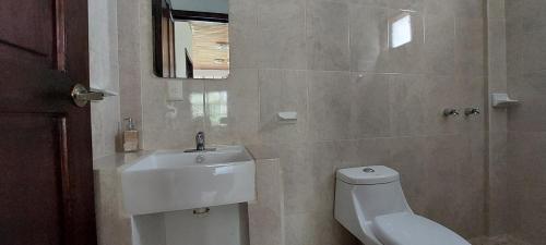 W łazience znajduje się toaleta, umywalka i lustro. w obiekcie Tu Casa en la Selva Lacandona w mieście Champa