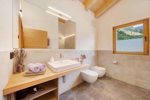 a bathroom with a sink and a toilet and a mirror at Masi Lavendel in Santa Valpurga