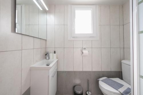 uma casa de banho com um WC, um lavatório e uma janela em Sunny studio with Starlight balcony em Atenas