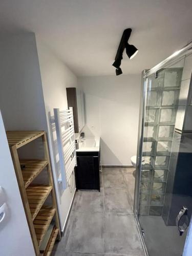 een badkamer met een glazen douche en een wastafel bij Magnifique appartement in Marseille