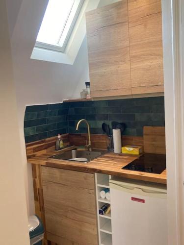 une cuisine avec un évier et un plan de travail dans l'établissement Confort et charme des 70's dans le centre piéton, à Vannes