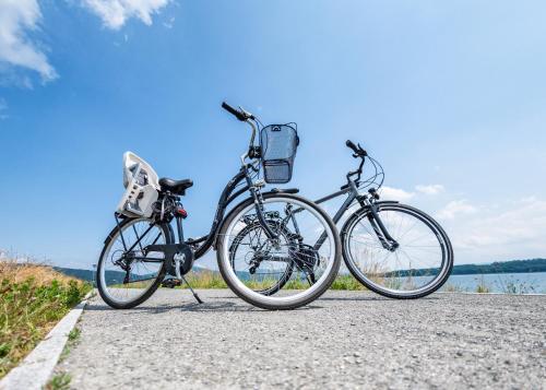 dwa rowery zaparkowane obok siebie na drodze w obiekcie Domki nad jeziorem-Wodnik 1 w mieście Zarzecze