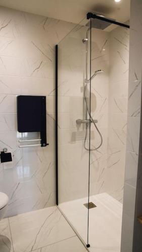 une douche avec une porte vitrée dans une salle de bain dans l'établissement Gîte Trou Life, à Bozouls