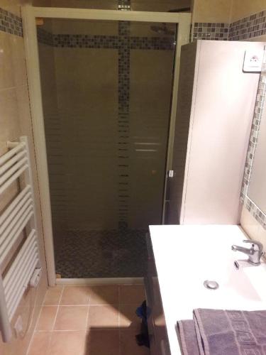 une salle de bain avec une douche avec un lavabo et une douche dans l'établissement maison 475 bis a parentis, à Parentis-en-Born