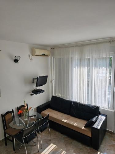 een woonkamer met een bank en een glazen tafel bij Apartmani Vanja 2 in Kotor