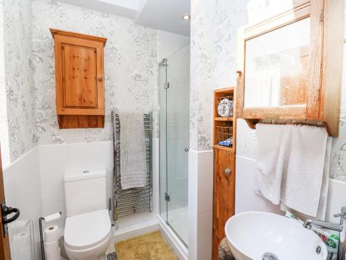 a bathroom with a toilet and a sink and a shower at Ludd Brook Cottage in Halifax