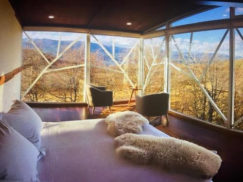 a bed in a room with a large window at Calafate lodge patagonia in Coihaique