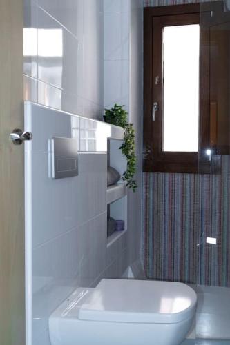 a white bathroom with a toilet and a window at Precioso Estudio junto a la catedral in Burgos