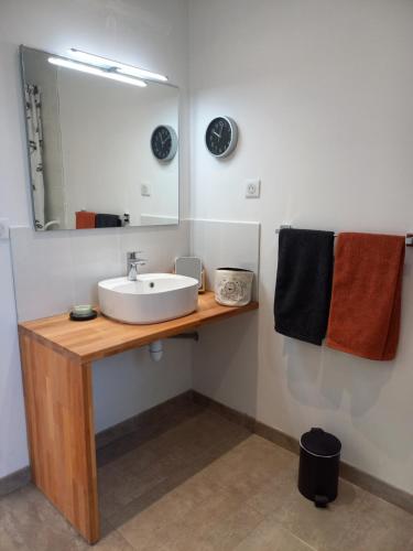 uma casa de banho com lavatório, espelho e toalhas em Air de vacances em Clermont-lʼHérault