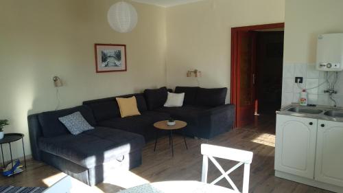 sala de estar con sofá azul y mesa en Maria Andrea House, en Balatonkeresztúr