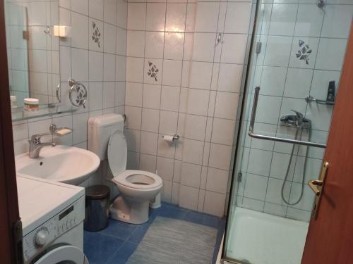 een badkamer met een toilet, een wastafel en een douche bij Maja Apartment in Skopje