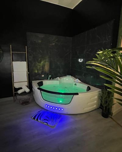 La salle de bains est pourvue d'une baignoire avec une lumière verte. dans l'établissement la savane room, à Montagnac