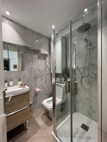 une salle de bain avec une douche, des toilettes et un lavabo dans l'établissement Superbe 2 pièces, tout équipé centre de Cannes., à Cannes