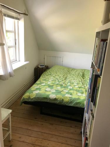 una camera da letto con un letto con un piumone verde e una finestra di Solfryd i Ollerup a Ollerup