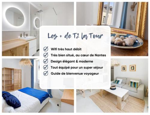 a collage of photos of a room with a bed and a mirror at Machines de l'île - Fibre - Netflix - T2 LA TOUR in Nantes