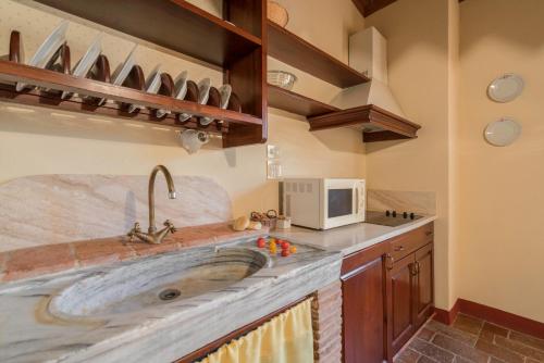 a kitchen with a sink and a microwave at Fattorie Santo Pietro in San Gimignano