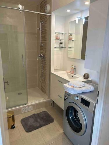 La salle de bains est pourvue d'un lave-linge et d'une douche. dans l'établissement Au Vasco - Self Check-In, Private Parking, à Serris