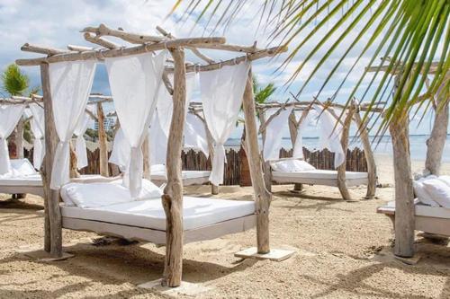 un grupo de camas en una playa con el océano en Maison à 800m des Remparts, en Aigues-Mortes