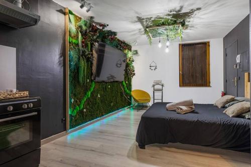 - une chambre dotée d'un mur vert et d'une télévision dans l'établissement L’Eden, appartement privatif avec balneo, à Montagnac