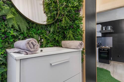 La salle de bains est pourvue d'un mur vert avec un lavabo et un miroir. dans l'établissement L’Eden, appartement privatif avec balneo, à Montagnac