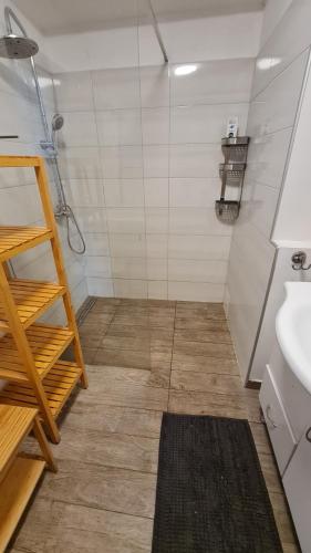 a bathroom with a sink and a glass shower at Apartma pri babici in Slovenj Gradec